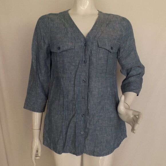 ORVIS Top, M, Chambray Linen, Button front/No collar, 3/4 sleeves, 2 pockets - Picture 12 of 12